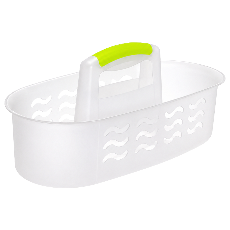 Cesta Vivahogar llena de pulverizadores, bayetas y guantes, lista para transportar de una habitación a otra.