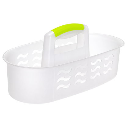 Cesta Vivahogar llena de pulverizadores, bayetas y guantes, lista para transportar de una habitación a otra.
