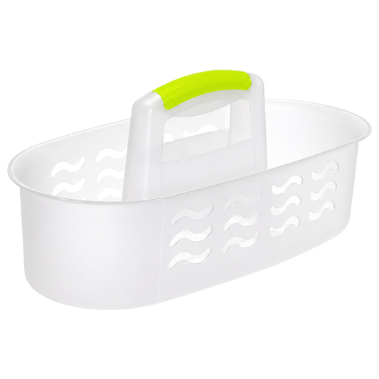 Cesta Vivahogar llena de pulverizadores, bayetas y guantes, lista para transportar de una habitación a otra.