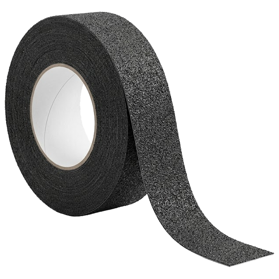 Rollo de cinta antideslizante Nivel de 15 metros de largo y 50mm de ancho en color negro, destacando su textura rugosa de alta adherencia.