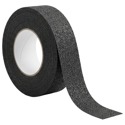 Rollo de cinta antideslizante Nivel de 15 metros de largo y 50mm de ancho en color negro, destacando su textura rugosa de alta adherencia.