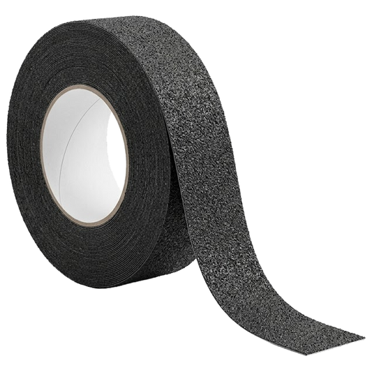 Rollo de cinta antideslizante Nivel de 15 metros de largo y 50mm de ancho en color negro, destacando su textura rugosa de alta adherencia.