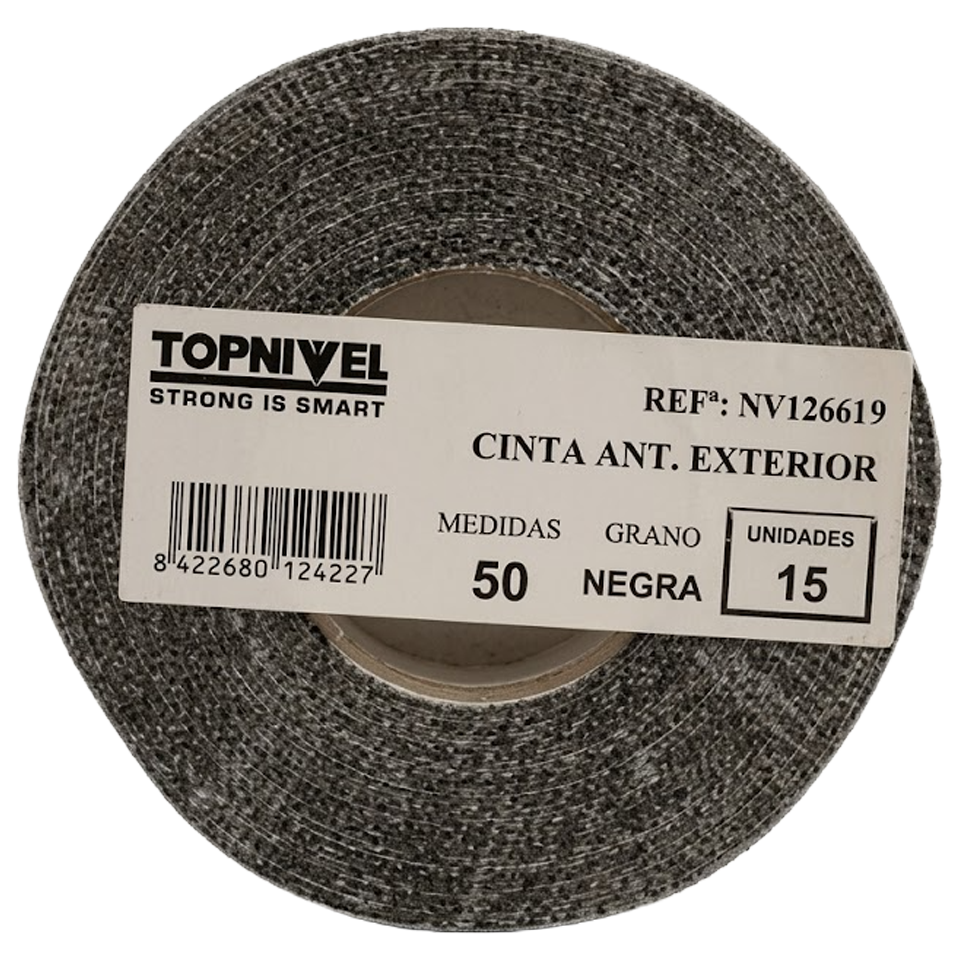 Cinta antideslizante Nivel instalada en el borde de unos escalones de metal para mejorar la tracción y prevenir accidentes.