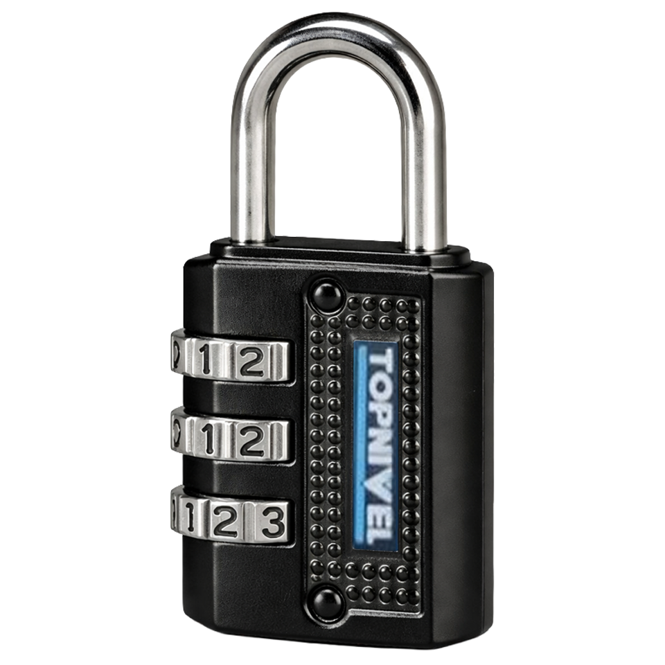 Candado de seguridad Nivel de 30mm en color negro con combinación programable de tres dígitos y arco de acero de 5mm sobre fondo blanco