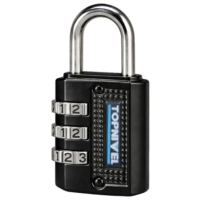 Candado de seguridad Nivel de 30mm en color negro con combinación programable de tres dígitos y arco de acero de 5mm sobre fondo blanco