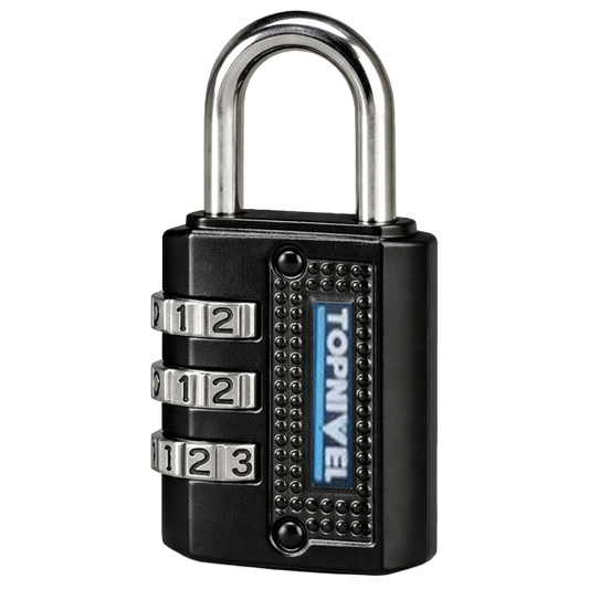 Candado de seguridad Nivel de 30mm en color negro con combinación programable de tres dígitos y arco de acero de 5mm sobre fondo blanco