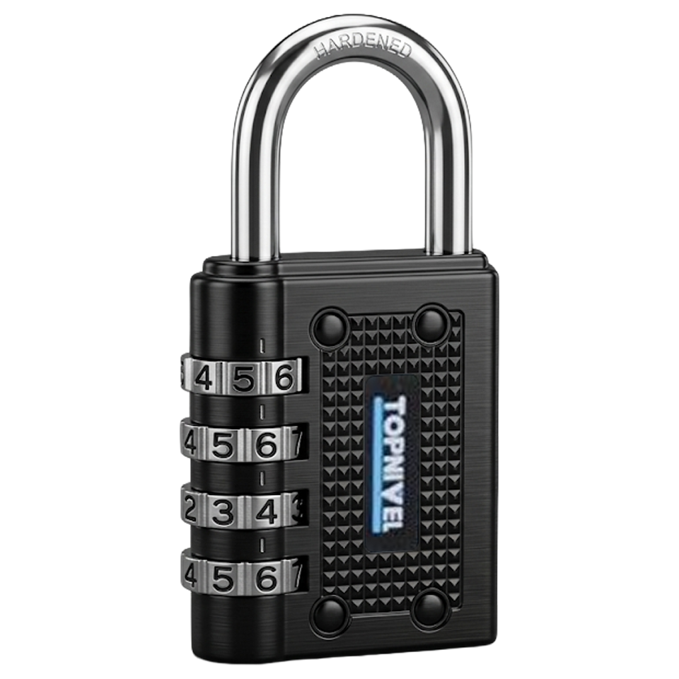 Candado de seguridad Nivel de 40mm en color negro mate con arco corto y sistema de combinación programable de tres dígitos.
