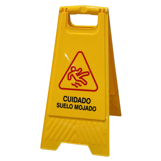 Cartel de señalización amarillo de 61 cm con el texto 'Peligro Suelo Mojado' y pictograma de una persona resbalando.