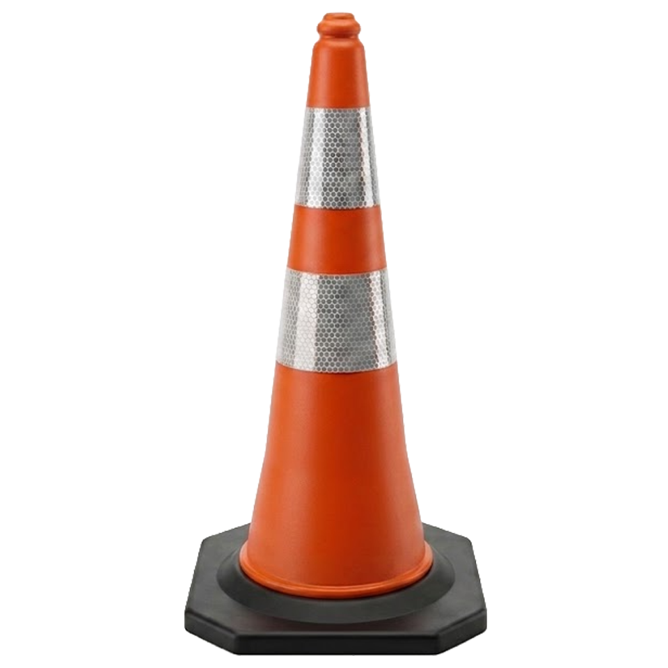 Cono de señalización naranja de 75 cm de altura con dos bandas reflectantes plateadas y base de goma negra de alta estabilidad.
