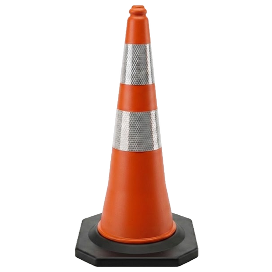 Cono de señalización naranja de 75 cm de altura con dos bandas reflectantes plateadas y base de goma negra de alta estabilidad.