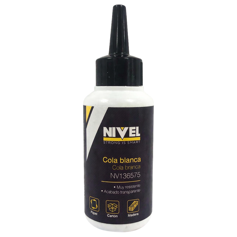 Envase tipo biberón de Cola Blanca Madera Rápida Nivel de 125g, diseñado para una aplicación precisa y un acabado transparente.
