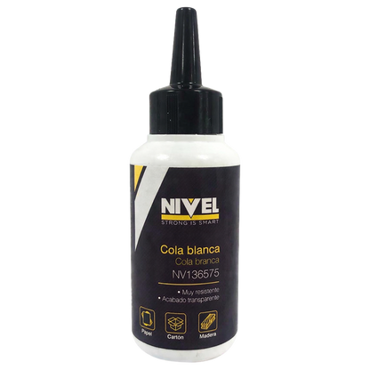Envase tipo biberón de Cola Blanca Madera Rápida Nivel de 125g, diseñado para una aplicación precisa y un acabado transparente.