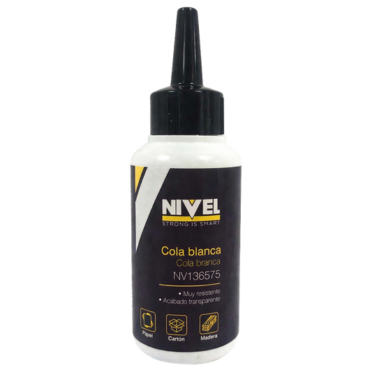 Envase tipo biberón de Cola Blanca Madera Rápida Nivel de 125g, diseñado para una aplicación precisa y un acabado transparente.