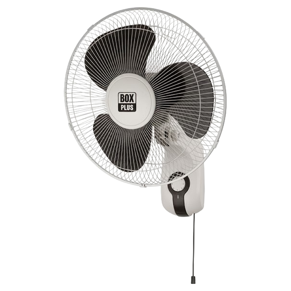 Ventilador de pared blanco Box Plus de 40 cm de diámetro, con rejilla metálica de malla y tirador de cadenilla.