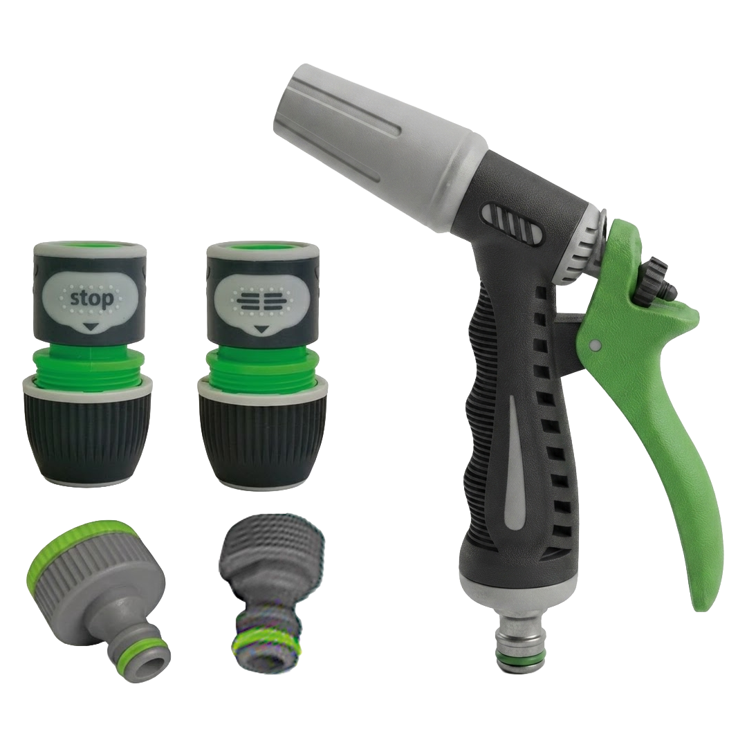 Kit de pistola de riego regulable y 4 conectores de 15 mm Natuur ref 138469.