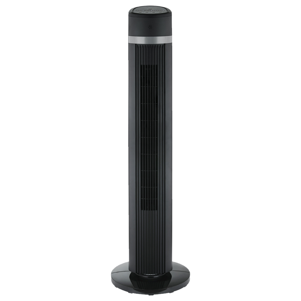 Ventilador de torre negro Sonedas de 101 cm de altura, con diseño moderno, panel digital superior y mando a distancia.