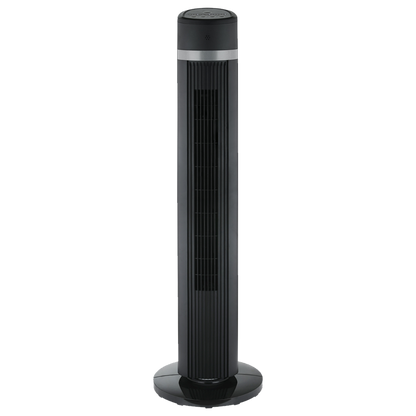 Ventilador de torre negro Sonedas de 101 cm de altura, con diseño moderno, panel digital superior y mando a distancia.