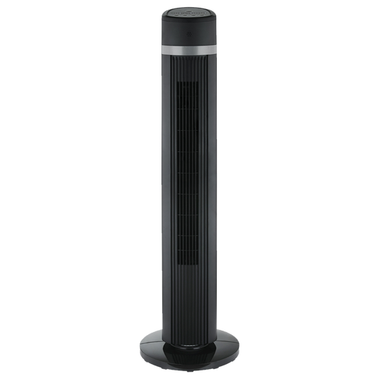 Ventilador de torre negro Sonedas de 101 cm de altura, con diseño moderno, panel digital superior y mando a distancia.
