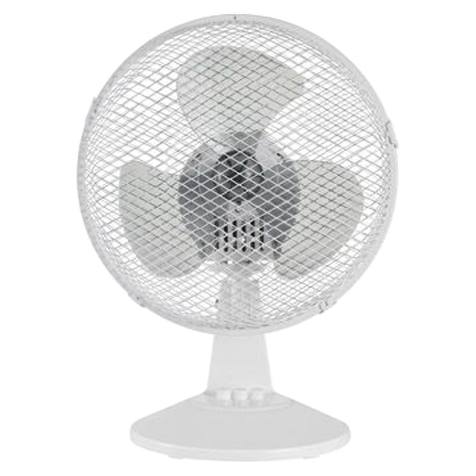Ventilador de sobremesa blanco Sonedas de 23 cm de diámetro con rejilla protectora y base estable