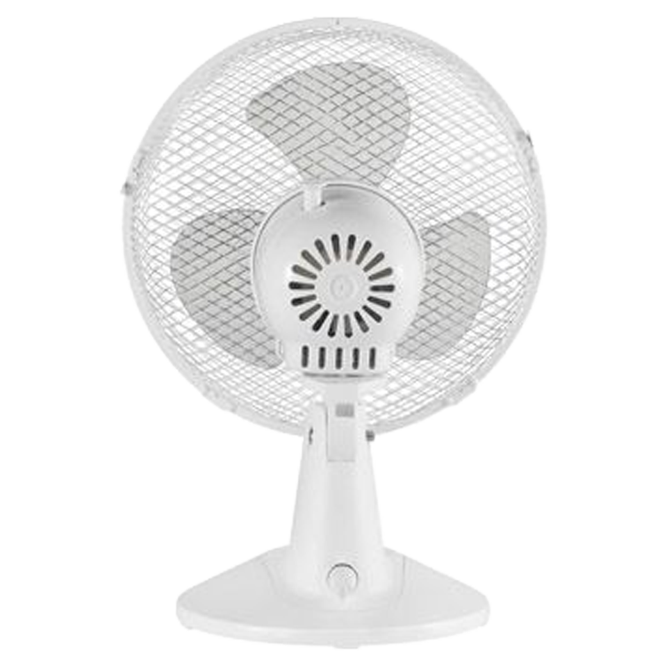 Ventilador de sobremesa Sonedas ubicado en un escritorio de oficina, resaltando su diseño compacto y discreto.