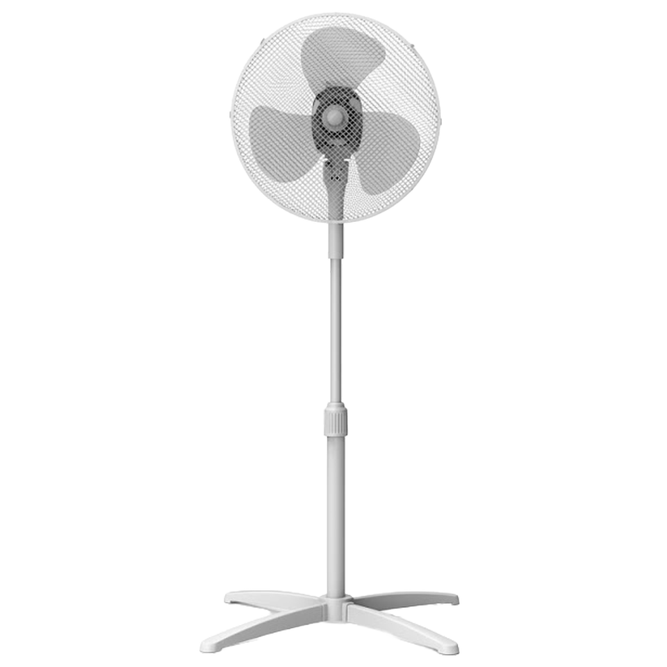 Ventilador de pie blanco Sonedas de 40 cm con rejilla de seguridad, panel de botones de 3 velocidades y base metálica estable.