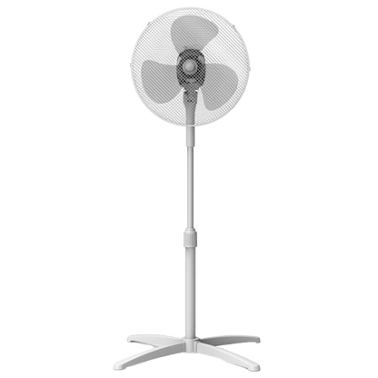 Ventilador de pie blanco Sonedas de 40 cm con rejilla de seguridad, panel de botones de 3 velocidades y base metálica estable.