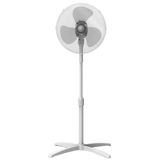 Ventilador de pie blanco Sonedas de 40 cm con rejilla de seguridad, panel de botones de 3 velocidades y base metálica estable.