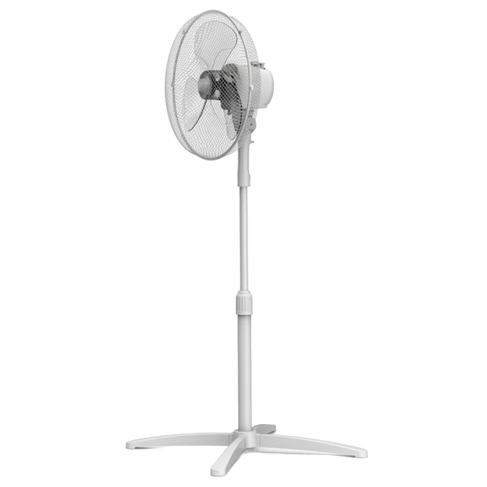 Ventilador de pie Sonedas refrescando un salón moderno, destacando su cabezal orientable y diseño elegante en blanco.