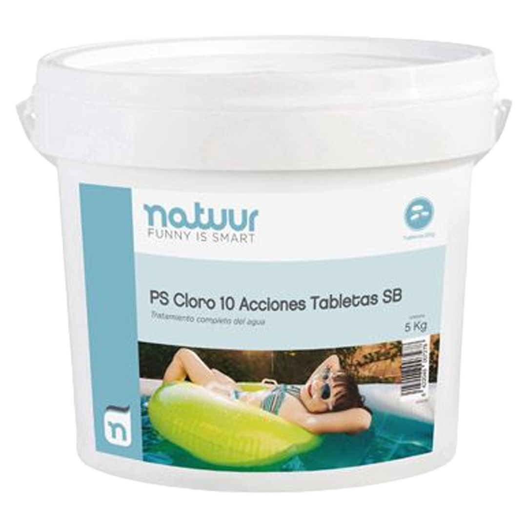 Vista general del cubo de cloro multifunción 5 kg Natuur con especificaciones técnicas.