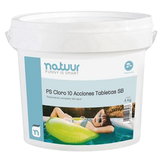 Vista general del cubo de cloro multifunción 5 kg Natuur con especificaciones técnicas.