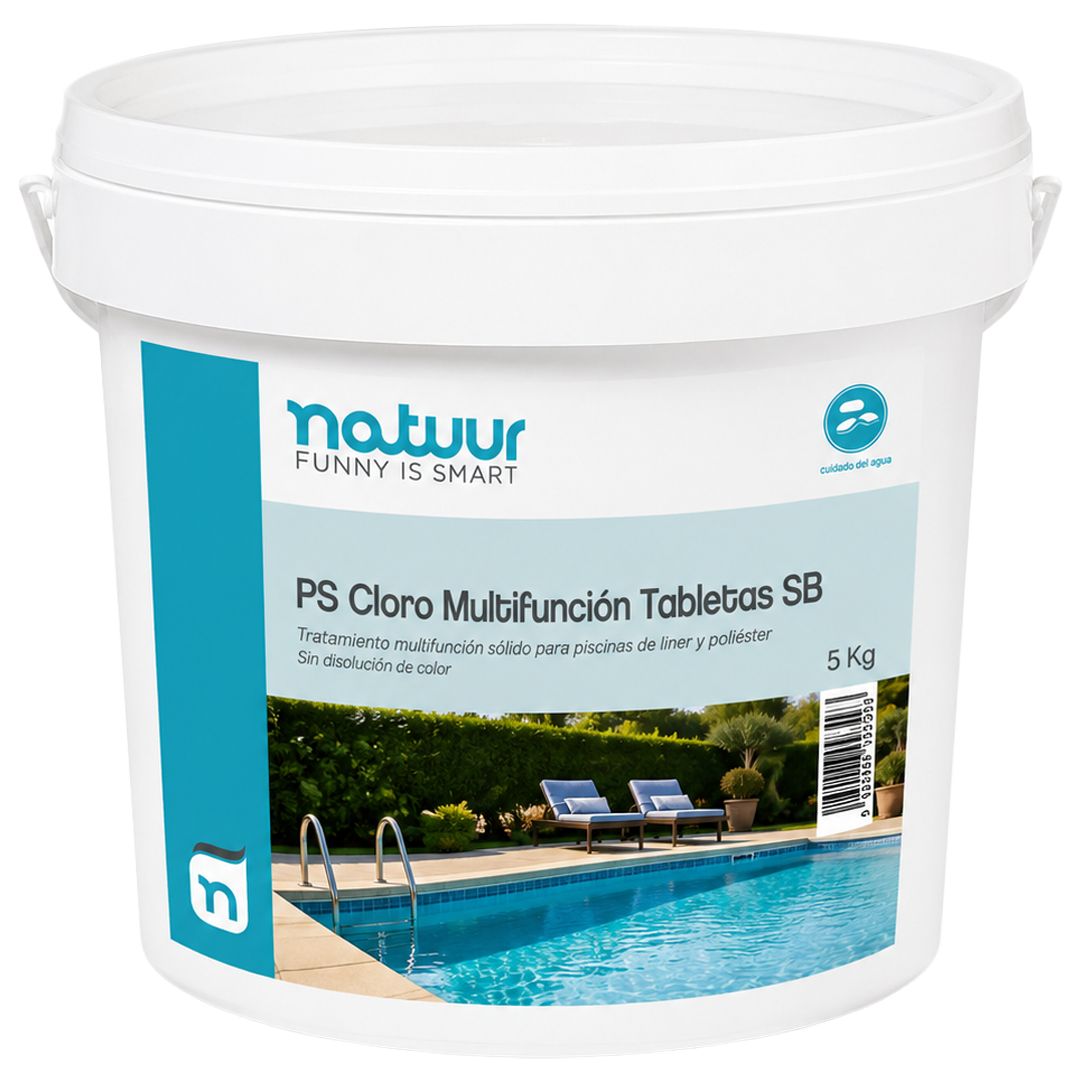 Cloro multifuncion sin sulfato de cobre Natuur en tabletas de 250g envase de 5 kg.