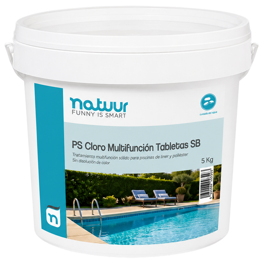 Cloro multifuncion sin sulfato de cobre Natuur en tabletas de 250g envase de 5 kg.
