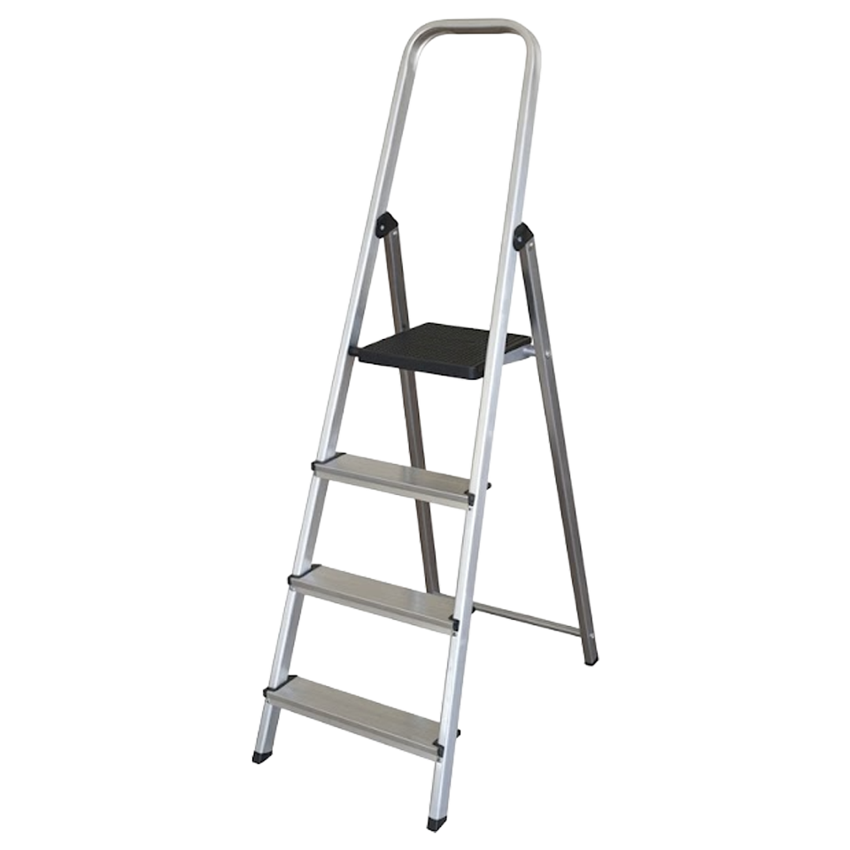 Escalera de aluminio Ambit de 4 peldaños abierta, mostrando su estructura estable y plataforma superior.