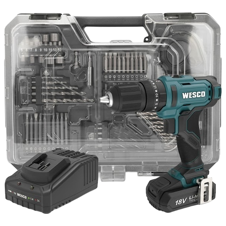 Taladro percutor 18V Wesco WS2390K2.1 con maletín y 75 accesorios profesionales