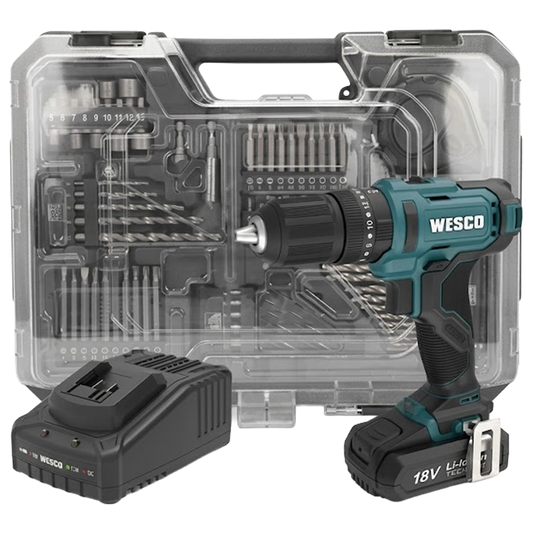 Taladro percutor 18V Wesco WS2390K2.1 con maletín y 75 accesorios profesionales