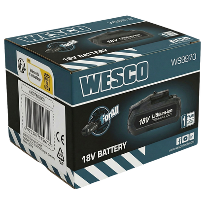 Batería de litio Wesco 18V 2.0 Ah siendo insertada en herramienta profesional