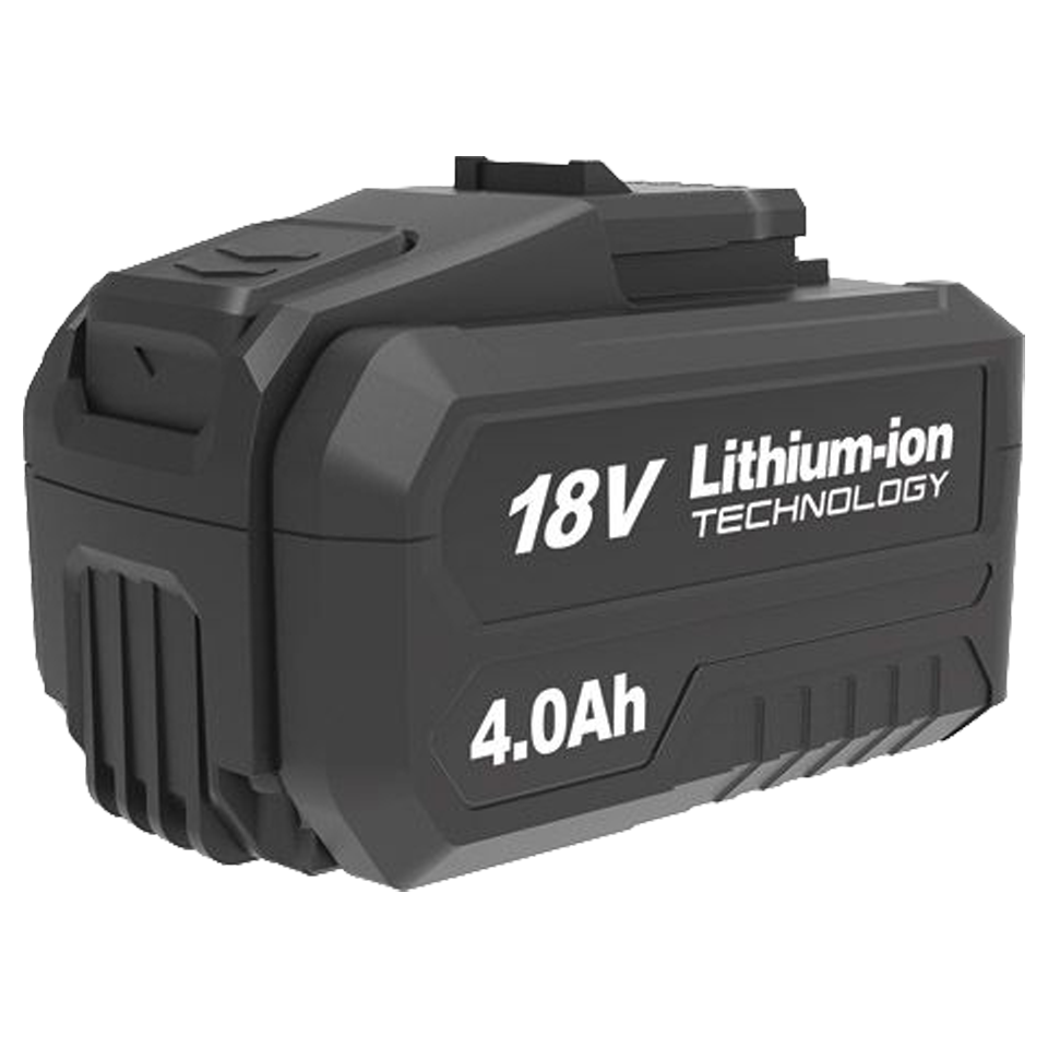 Batería de iones de litio Wesco 18V de 4.0 Ah con indicador LED de estado de carga frontal y diseño robusto.
