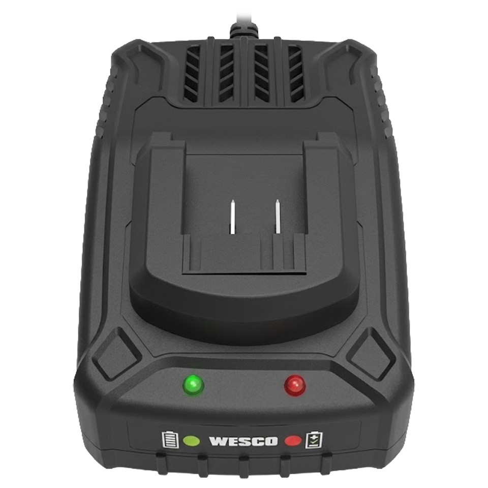 Cargador de baterías Wesco 18V compatible con baterías de 2Ah y 4Ah, con diseño compacto e indicadores LED de estado.