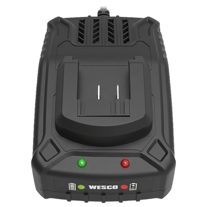 Cargador de baterías Wesco 18V compatible con baterías de 2Ah y 4Ah, con diseño compacto e indicadores LED de estado.