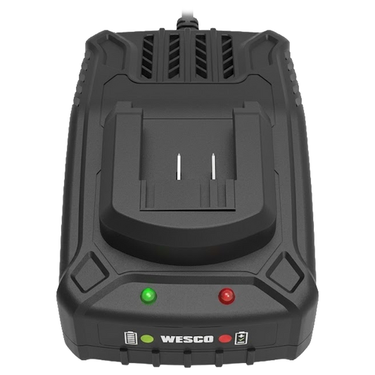 Cargador de baterías Wesco 18V compatible con baterías de 2Ah y 4Ah, con diseño compacto e indicadores LED de estado.