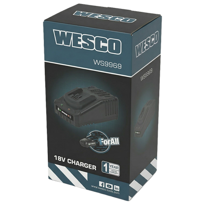 Cargador de baterías Wesco fijado en una pared de taller, destacando sus orificios de montaje mural para ahorro de espacio.
