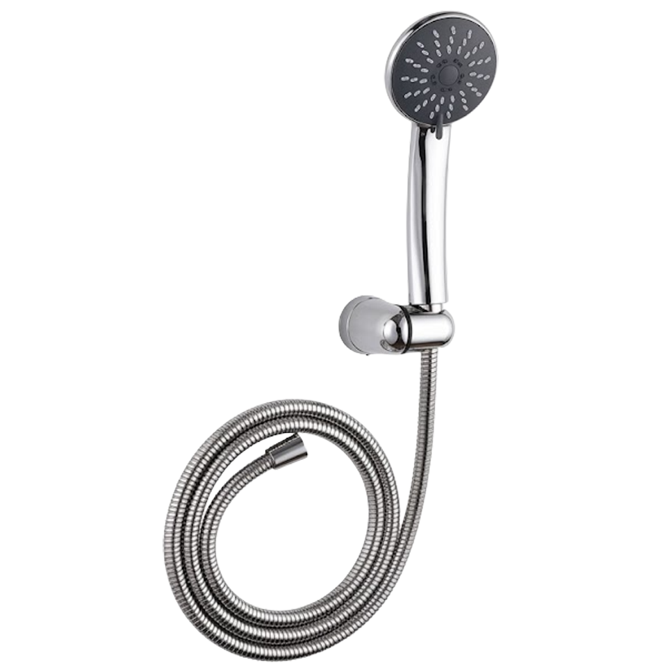 Conjunto de ducha H2O que incluye alcachofa de 3 funciones, soporte de pared regulable y flexo de acero inoxidable extensible, todo en acabado cromado