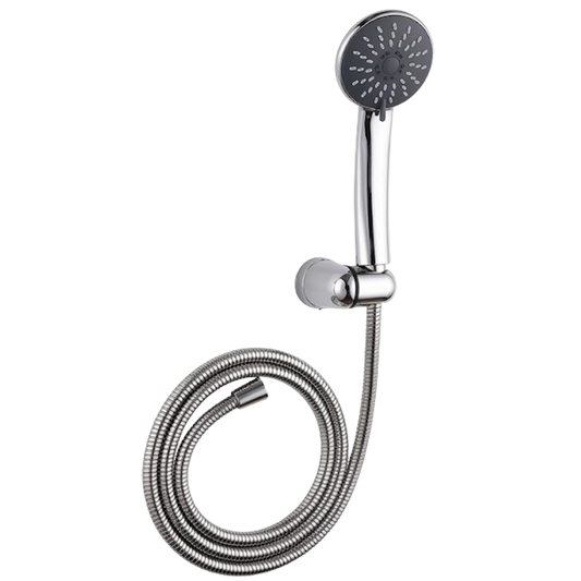 Conjunto de ducha H2O que incluye alcachofa de 3 funciones, soporte de pared regulable y flexo de acero inoxidable extensible, todo en acabado cromado