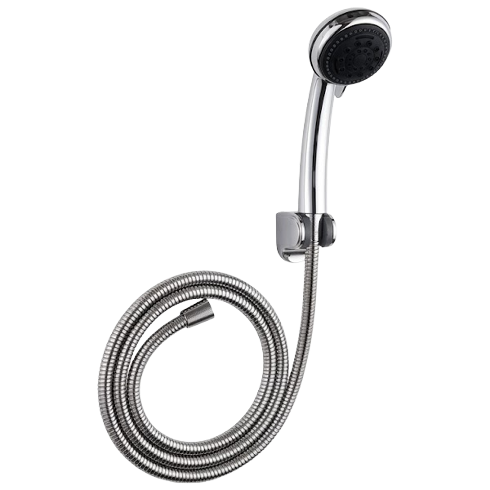 Conjunto de ducha H2O que incluye mango cromado con botón de pausa, flexo de acero inoxidable de 150cm y soporte de pared sobre fondo blanco.