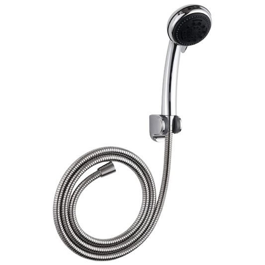 Conjunto de ducha H2O que incluye mango cromado con botón de pausa, flexo de acero inoxidable de 150cm y soporte de pared sobre fondo blanco.