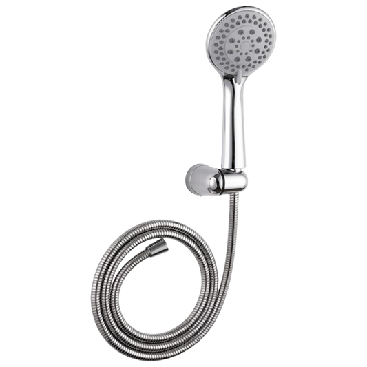 Kit de ducha completo H2O con mango de 5 funciones, soporte de pared cromado y manguera extensible de acero inoxidable sobre fondo blanco.