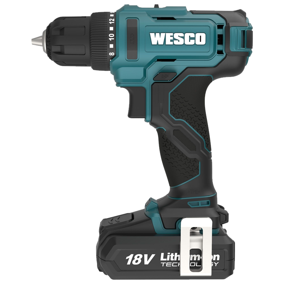 Taladro atornillador inalámbrico Wesco 18V con 30Nm de par, mandril de 10mm, luz LED y batería de 2.0Ah