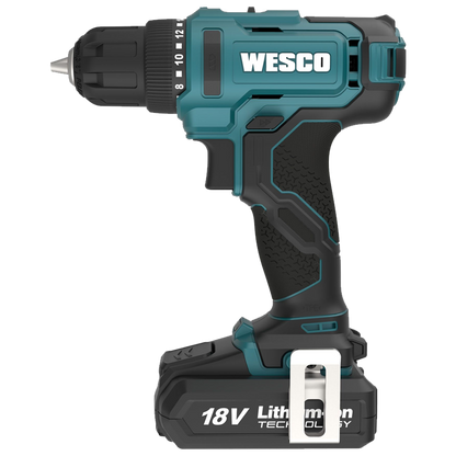 Taladro atornillador inalámbrico Wesco 18V con 30Nm de par, mandril de 10mm, luz LED y batería de 2.0Ah