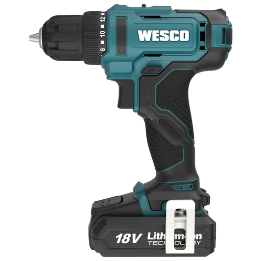 Taladro atornillador inalámbrico Wesco 18V con 30Nm de par, mandril de 10mm, luz LED y batería de 2.0Ah