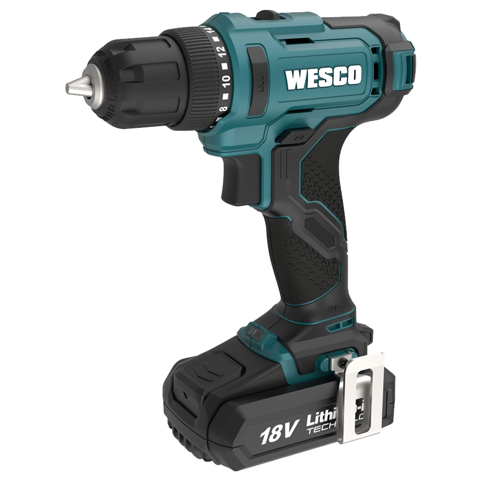 Primer plano del portabrocas de 10 mm sin llave y el selector de velocidad de dos niveles del taladro Wesco.